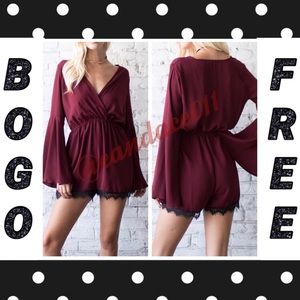 ⭐️5 STAR!⭐️ Burgundy Bell Sleeve Lace Trim Romper